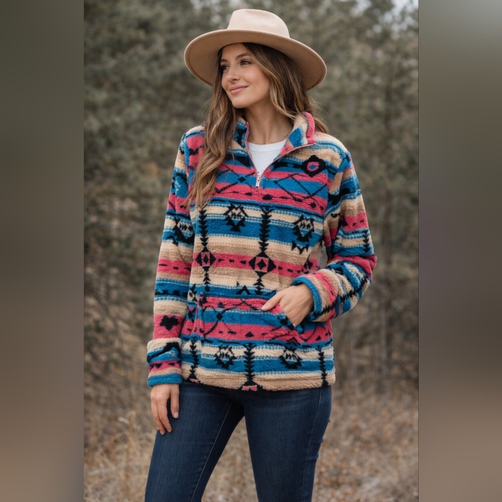 🌵 Grace & Emma Southwest Aztec Sherpa Pullover | Cozy Boho Fleece 🌈